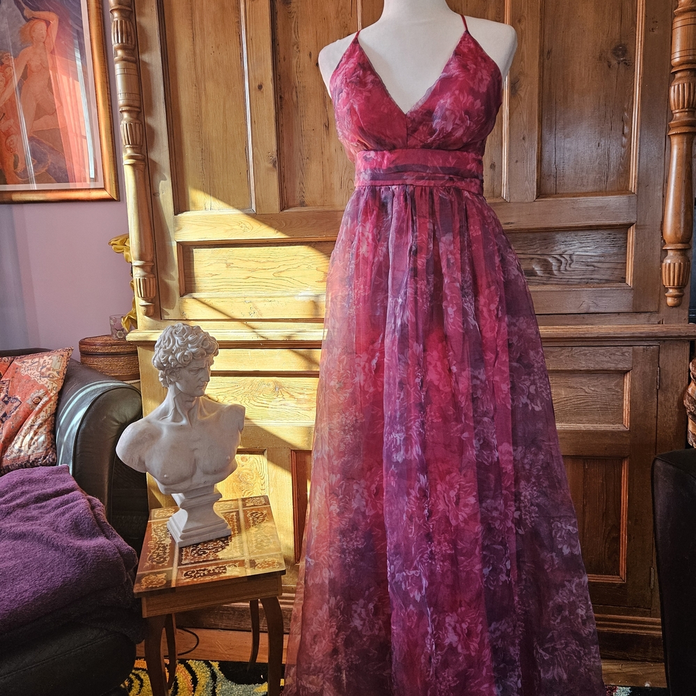 Lulu's Romantic Magenta Floral Maxi Dress with Sheer Overlay & V-Neck